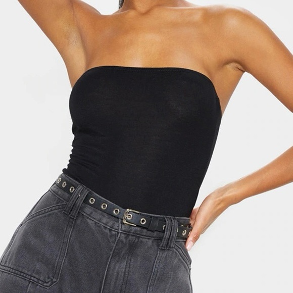 PrettyLittleThing Tops - Prettylittlething Basic Black Cotton Blend Bandeau Bodysuit